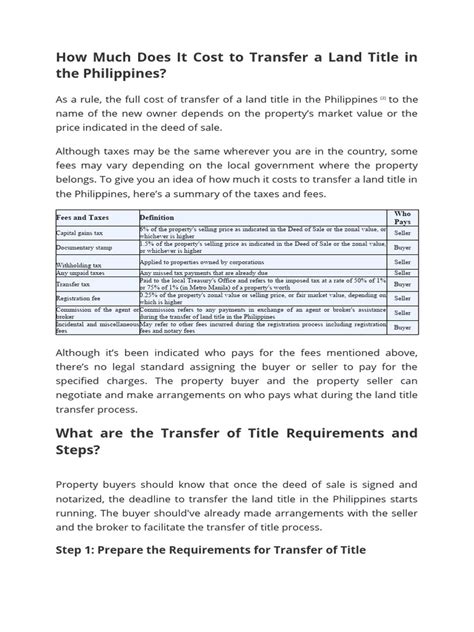 cost of transfer of land title in the philippines|Q&A: How Much Does It Cost to Transfer a Land Title in the Philip.